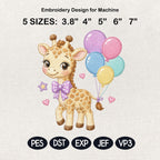 Cute Giraffe Balloon Embroidery Design, Kawaii Safari Animal, Baby Shower Design, Colorful Machine Stitch, 5 sizes, Digital Download