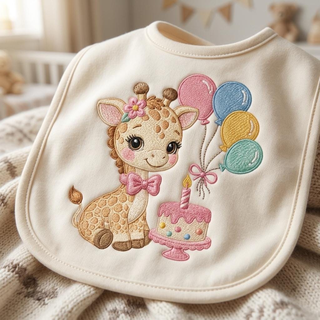 Birthday Giraffe Embroidery Design, Kawaii Safari Animal, Cute Cake and Balloons, Baby Shower File, 5 sizes, Digital Download - image 5