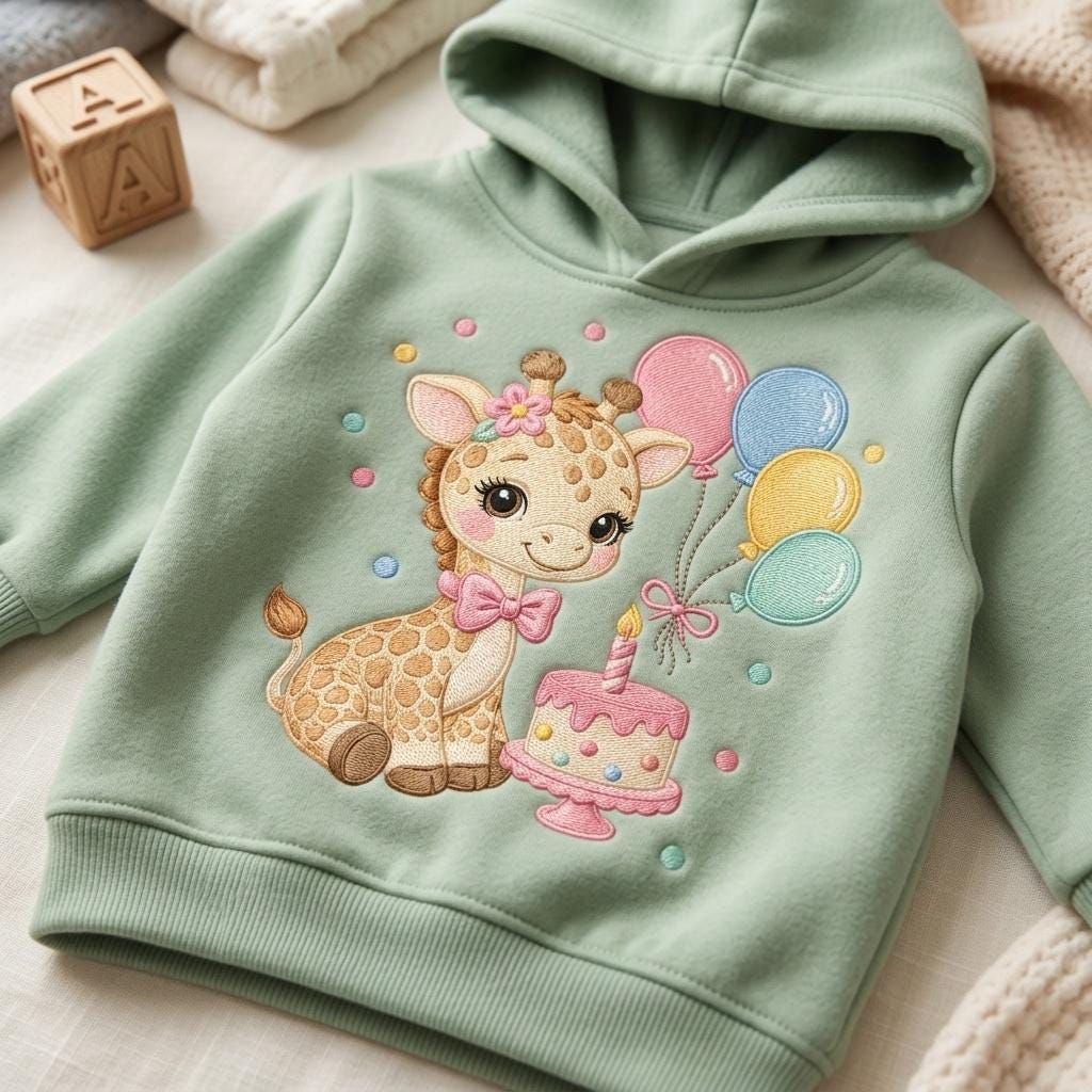Birthday Giraffe Embroidery Design, Kawaii Safari Animal, Cute Cake and Balloons, Baby Shower File, 5 sizes, Digital Download - image 6