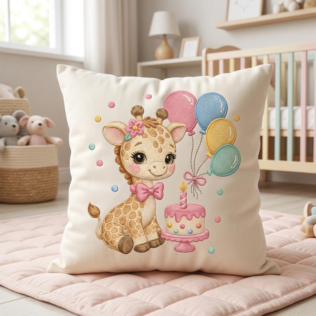 Birthday Giraffe Embroidery Design, Kawaii Safari Animal, Cute Cake and Balloons, Baby Shower File, 5 sizes, Digital Download - image 4