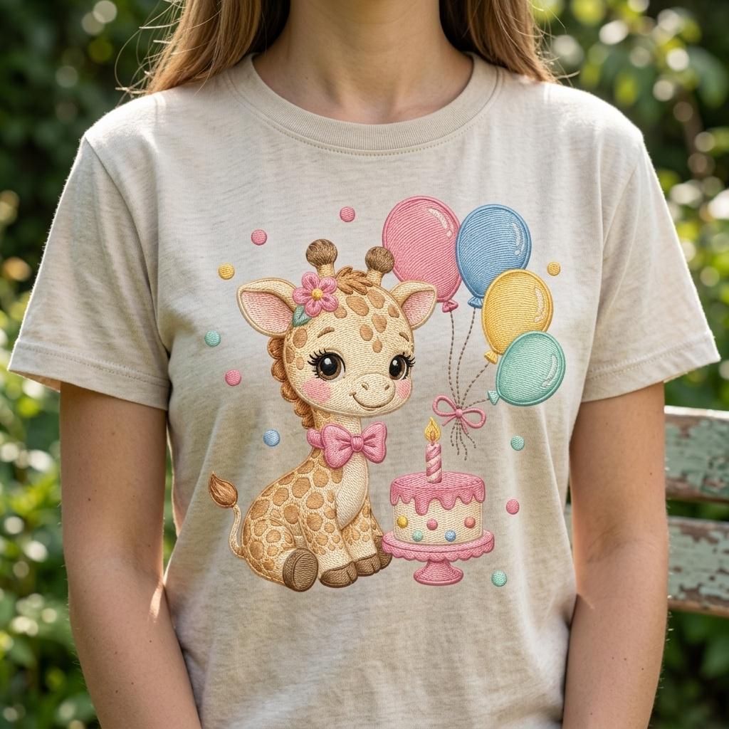 Birthday Giraffe Embroidery Design, Kawaii Safari Animal, Cute Cake and Balloons, Baby Shower File, 5 sizes, Digital Download - image 7