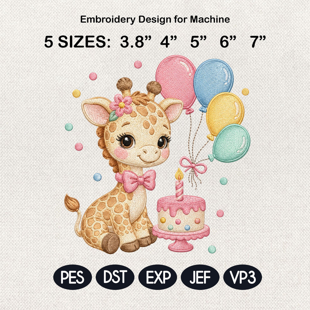 Birthday Giraffe Embroidery Design, Kawaii Safari Animal, Cute Cake and Balloons, Baby Shower File, 5 sizes, Digital Download