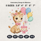 Birthday Giraffe Embroidery Design, Kawaii Safari Animal, Cute Cake and Balloons, Baby Shower File, 5 sizes, Digital Download