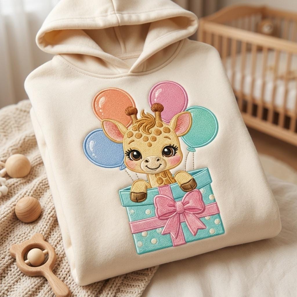 Giraffe in Gift Box Embroidery Design, Kawaii Safari Animal, Cute Balloon Design, Baby Shower Machine Embroidery, 5 sizes, Digital Download - image 5