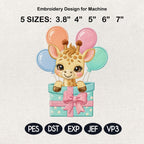 Giraffe in Gift Box Embroidery Design, Kawaii Safari Animal, Cute Balloon Design, Baby Shower Machine Embroidery, 5 sizes, Digital Download