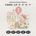 One Silly Cow Embroidery Design, Birthday Balloon Cow, Baby Cow Digital File, Cute Cow Machine Stitch Pattern, 5 sizes, Digital Download