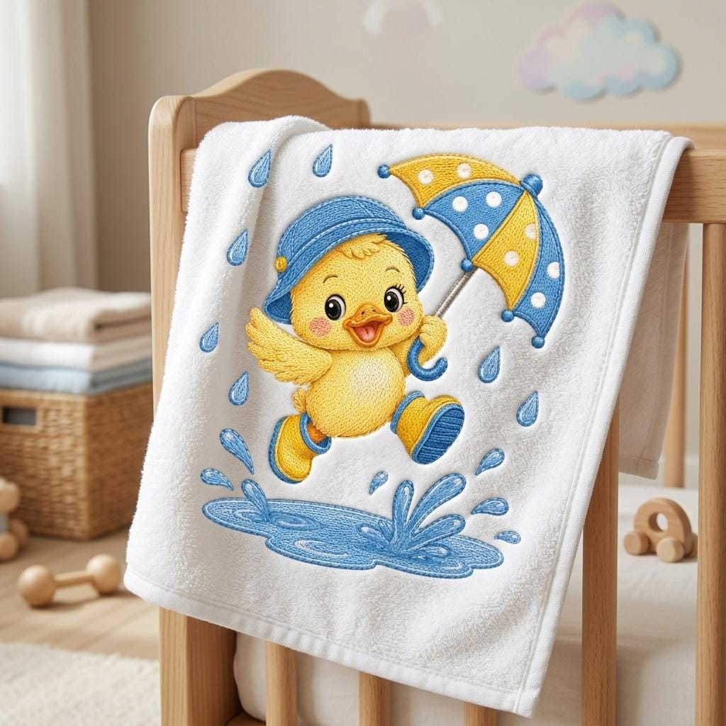 Cute Baby Duck Embroidery Design, Duckling with Umbrella and Rain Boots, Nursery Animal Stitch, Rainy Day Duck, 5 sizes, Digital Download - image 7