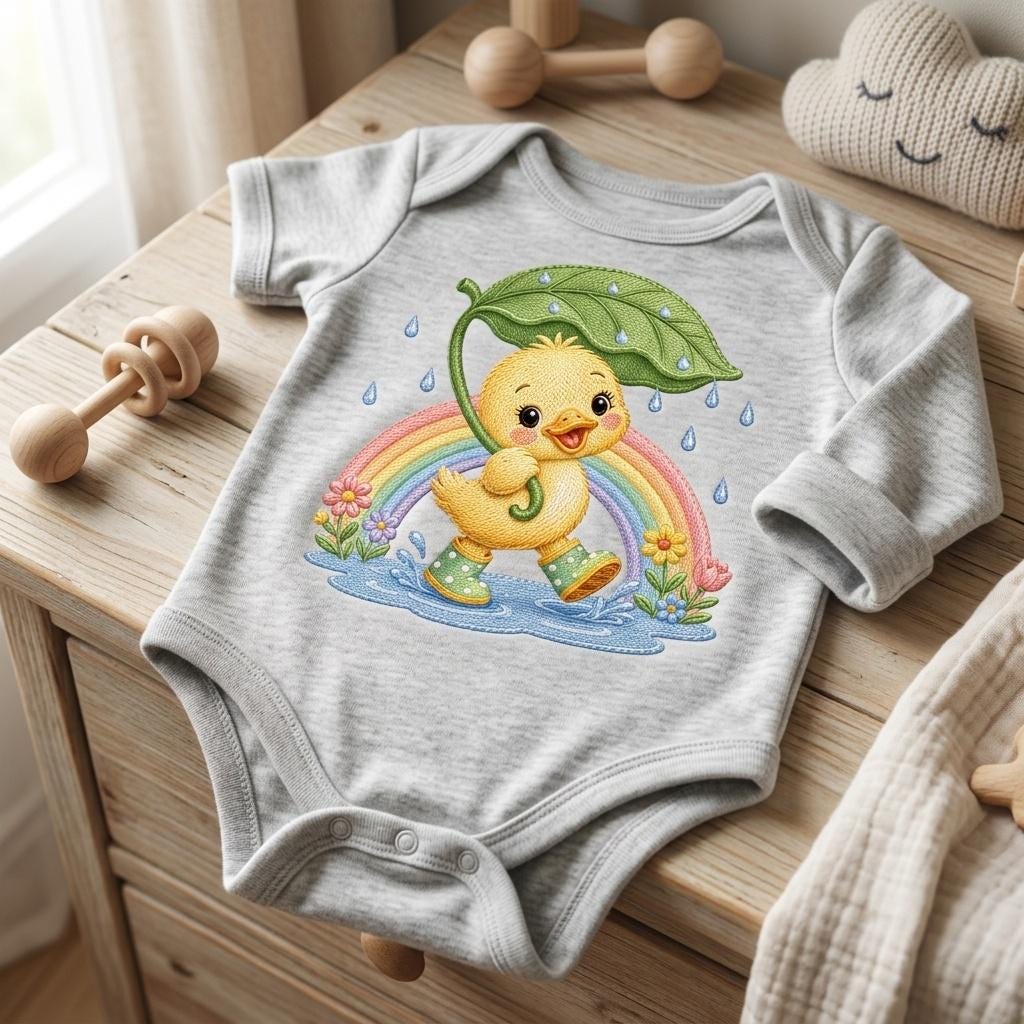 Adorable Duckling Embroidery Design, Baby Duck with Leaf Umbrella, Rainy Nursery Animal Stitch File, 5 sizes, Digital Download - image 4
