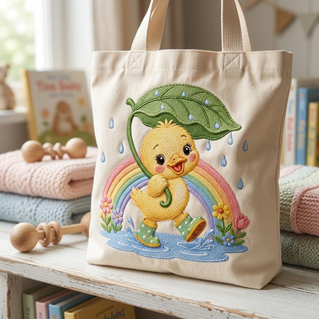 Adorable Duckling Embroidery Design, Baby Duck with Leaf Umbrella, Rainy Nursery Animal Stitch File, 5 sizes, Digital Download - image 5