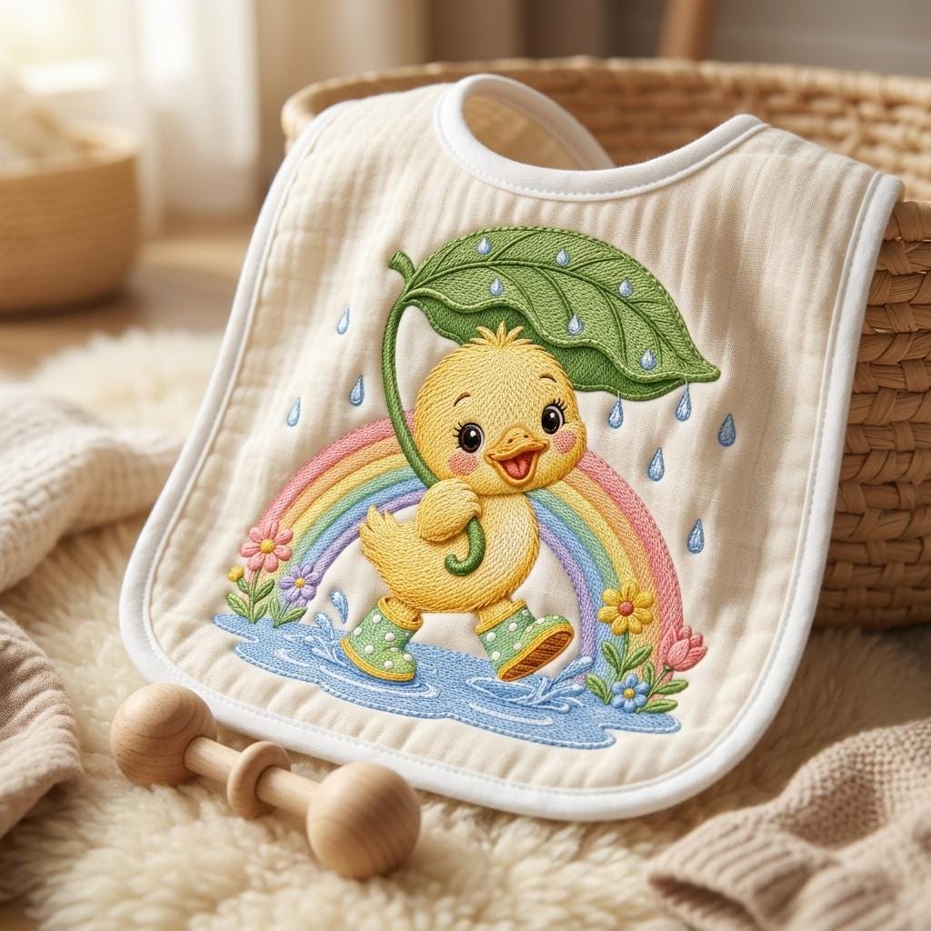 Adorable Duckling Embroidery Design, Baby Duck with Leaf Umbrella, Rainy Nursery Animal Stitch File, 5 sizes, Digital Download - image 6
