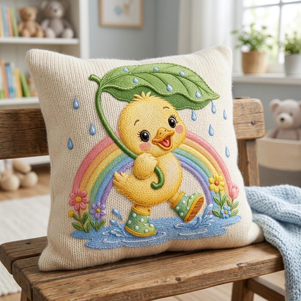 Adorable Duckling Embroidery Design, Baby Duck with Leaf Umbrella, Rainy Nursery Animal Stitch File, 5 sizes, Digital Download - image 7