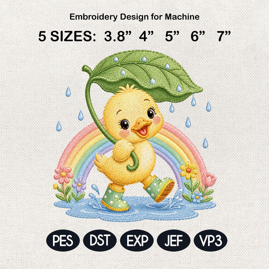 Adorable Duckling Embroidery Design, Baby Duck with Leaf Umbrella, Rainy Nursery Animal Stitch File, 5 sizes, Digital Download