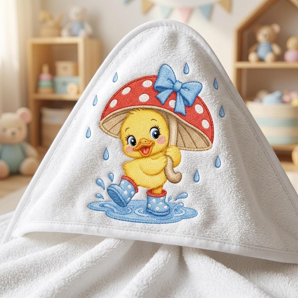 Happy Baby Duck Embroidery Pattern, Duckling in Mushroom Hat, Rainy Day Nursery Animal Stitch, Machine Embroidery, 5 sizes, Digital Download - image 6