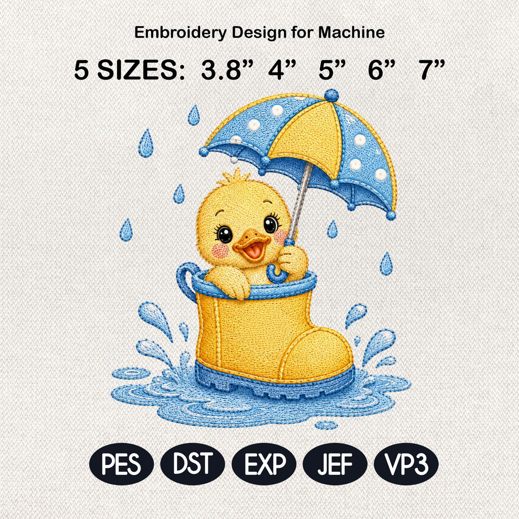 Duckling in Rain Boots Embroidery File, Baby Duck Design for Machine, Rainy Nursery Animal Stitch Pattern, 5 sizes, Digital Download
