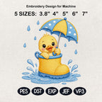 Duckling in Rain Boots Embroidery File, Baby Duck Design for Machine, Rainy Nursery Animal Stitch Pattern, 5 sizes, Digital Download