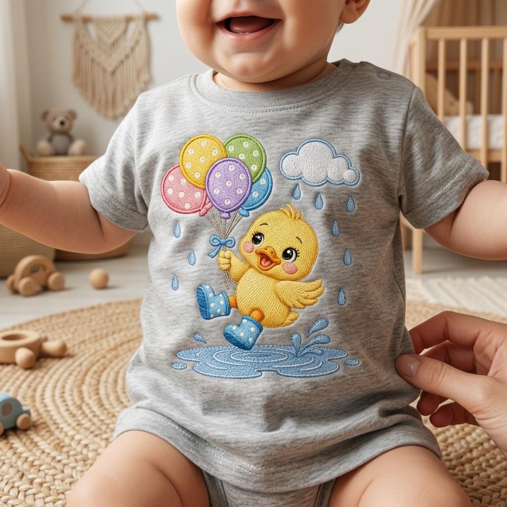 Rainbow Baby Duck Embroidery File, Duckling with Balloons and Rain Boots, Nursery Animal Stitch Pattern, 5 sizes, Digital Download - image 3