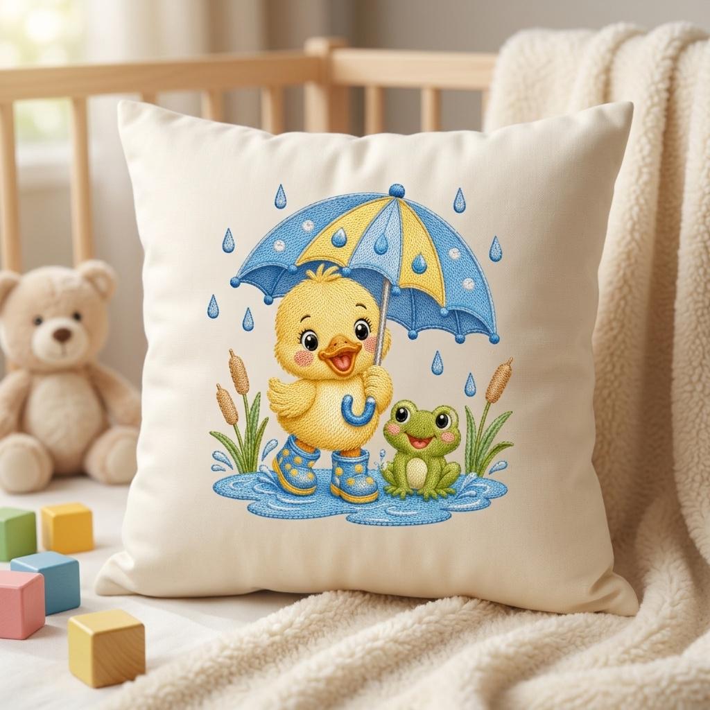 Cute Baby Duck Embroidery Design, Duckling with Umbrella and Frog, Rainy Day Nursery Animal Stitch File, 5 sizes, Digital Download - image 4