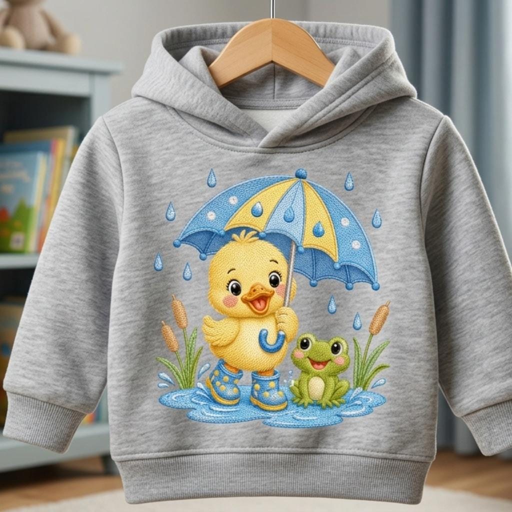 Cute Baby Duck Embroidery Design, Duckling with Umbrella and Frog, Rainy Day Nursery Animal Stitch File, 5 sizes, Digital Download - image 3