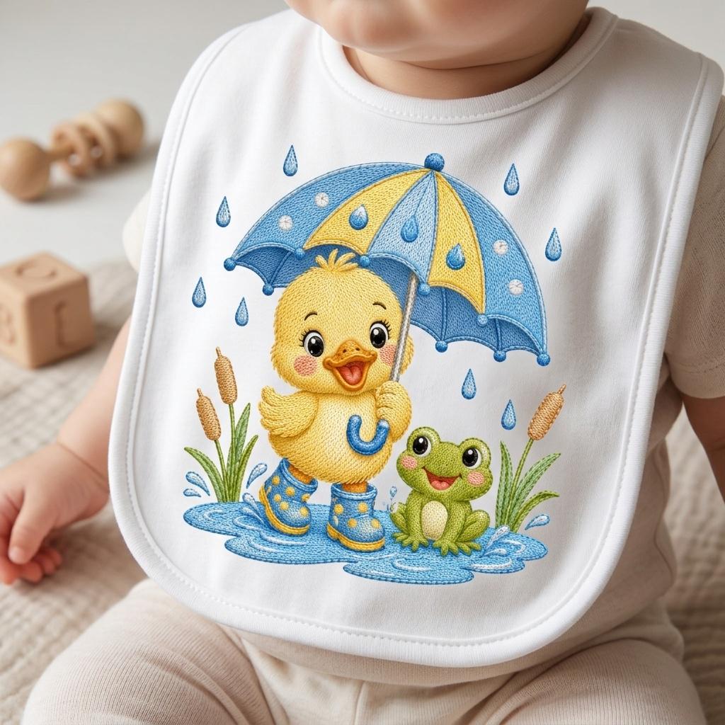 Cute Baby Duck Embroidery Design, Duckling with Umbrella and Frog, Rainy Day Nursery Animal Stitch File, 5 sizes, Digital Download - image 6