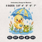 Cute Baby Duck Embroidery Design, Duckling with Umbrella and Frog, Rainy Day Nursery Animal Stitch File, 5 sizes, Digital Download