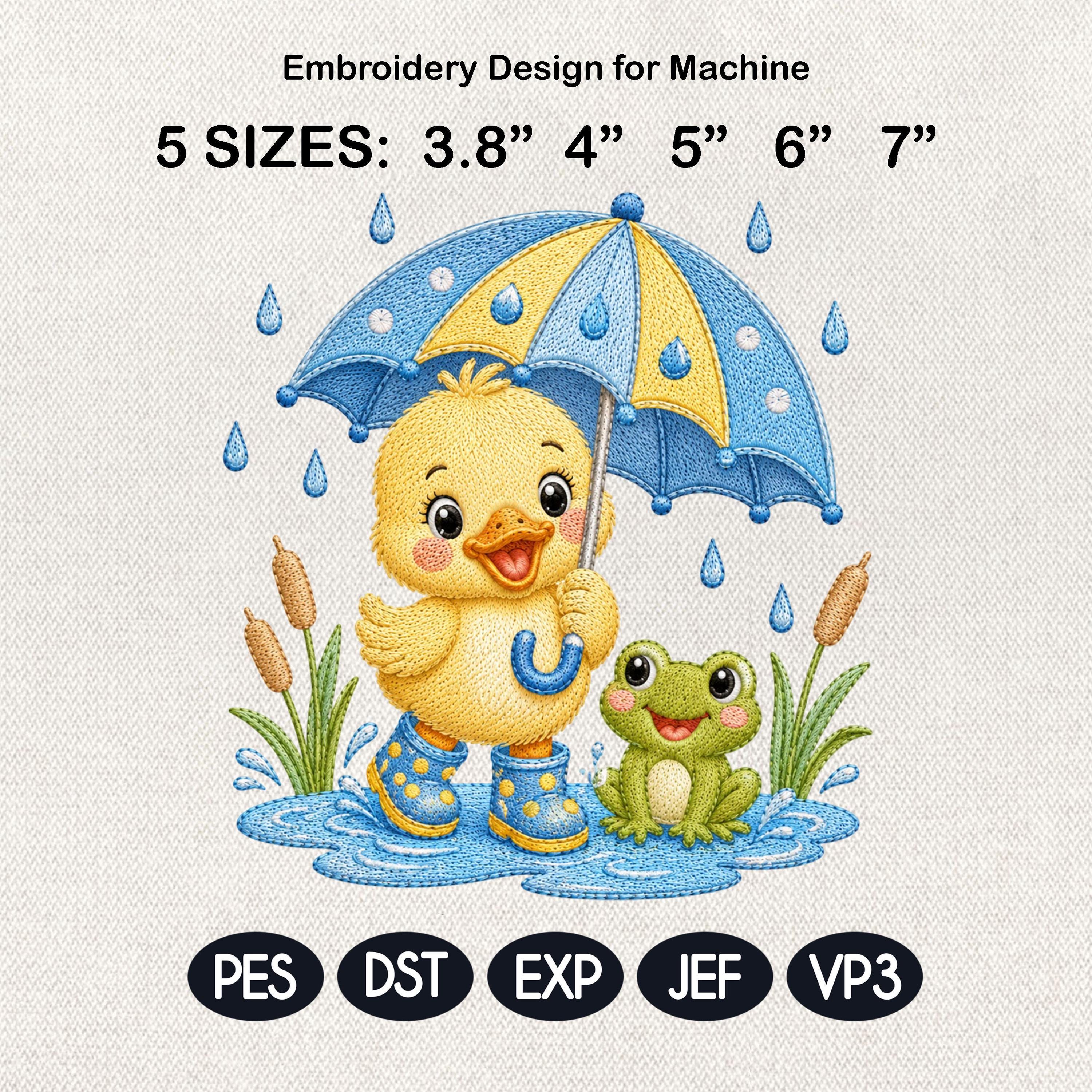 Cute Baby Duck Embroidery Design, Duckling with Umbrella and Frog, Rainy Day Nursery Animal Stitch File, 5 sizes, Digital Download