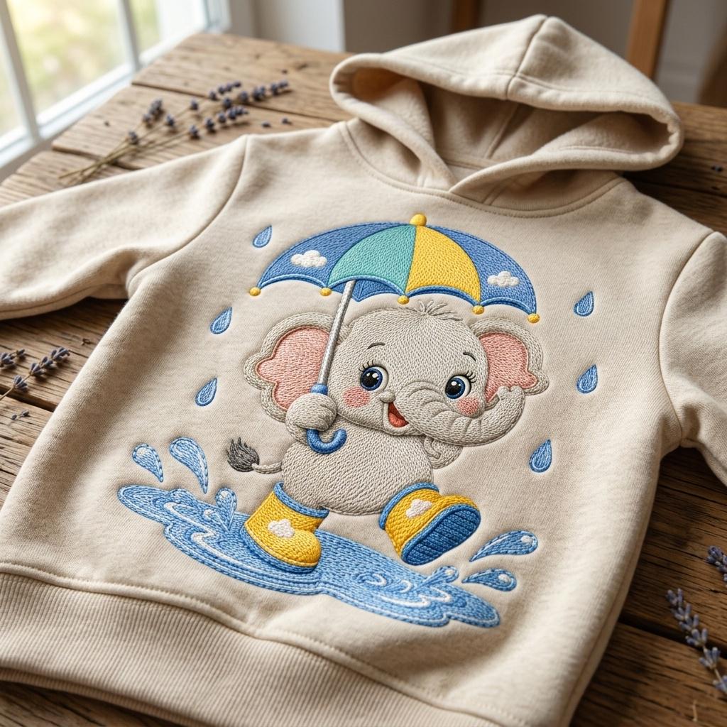 Cute Baby Elephant Embroidery Design, Elephant with Umbrella File, Rainy Day Elephant Stitch, Nursery Animal, 5 sizes, Digital Download - image 3