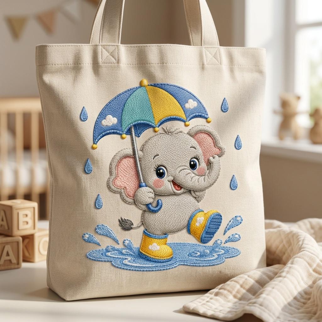 Cute Baby Elephant Embroidery Design, Elephant with Umbrella File, Rainy Day Elephant Stitch, Nursery Animal, 5 sizes, Digital Download - image 7