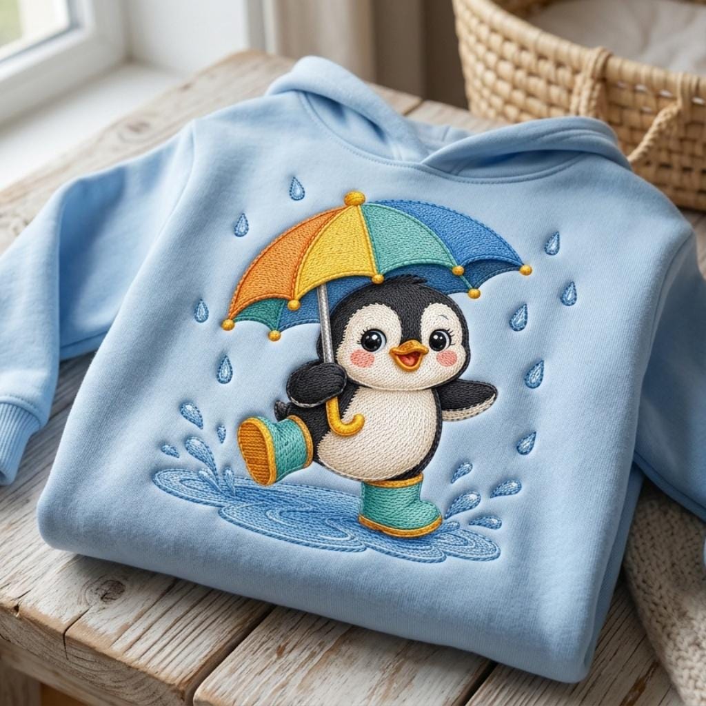 Cute Penguin Embroidery Design, Penguin with Umbrella File, Rainy Day Penguin Stitch, Nursery Animal Embroidery, 5 sizes, Digital Download - image 6