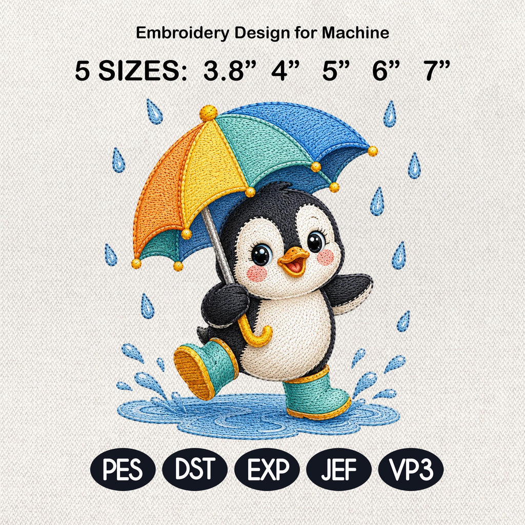 Cute Penguin Embroidery Design, Penguin with Umbrella File, Rainy Day Penguin Stitch, Nursery Animal Embroidery, 5 sizes, Digital Download