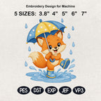 Cute Baby Fox Embroidery Design, Fox with Umbrella File, Rainy Day Fox Stitch Pattern, Nursery Animal Embroidery, 5 sizes, Digital Download