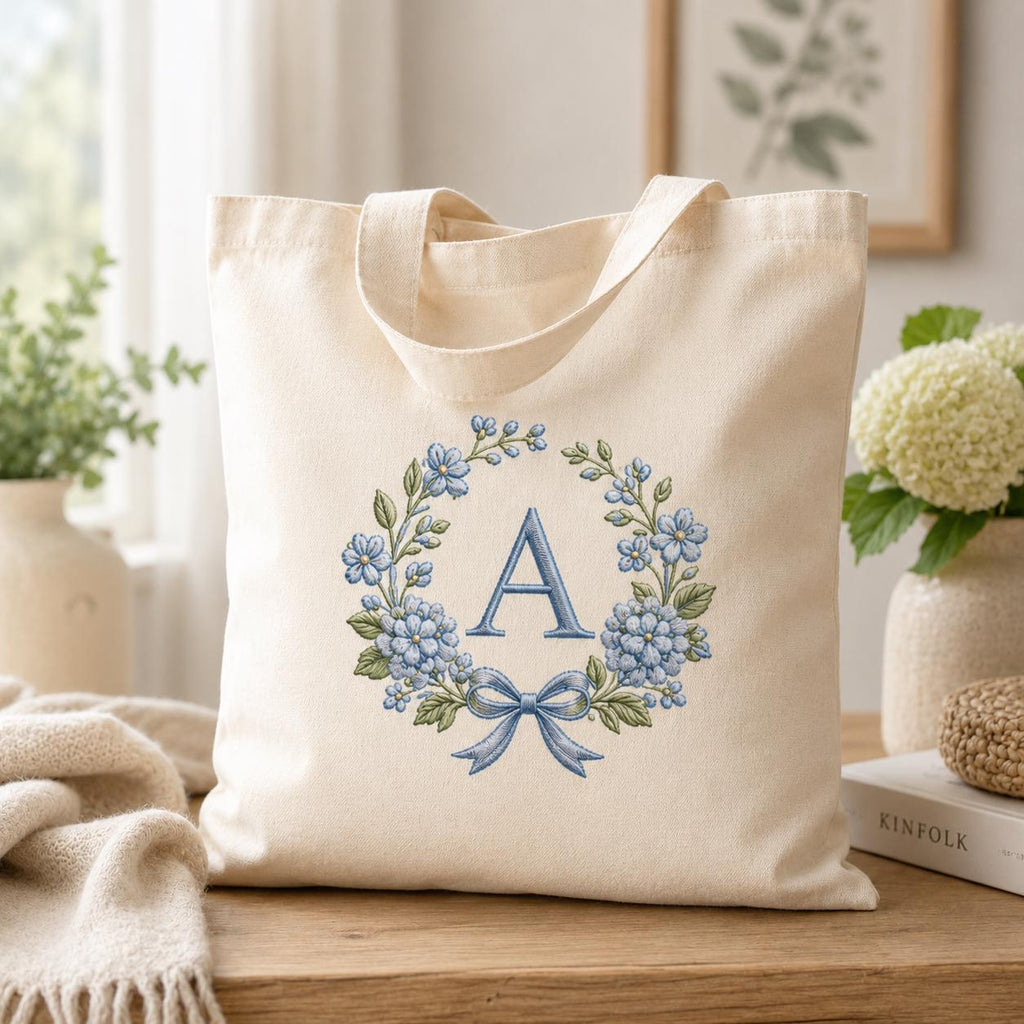 Blue Floral Monogram Alphabet Embroidery Design, Bow Wreath Initial Machine File, A-Z Letters, 5 Sizes, Digital Download - image 5