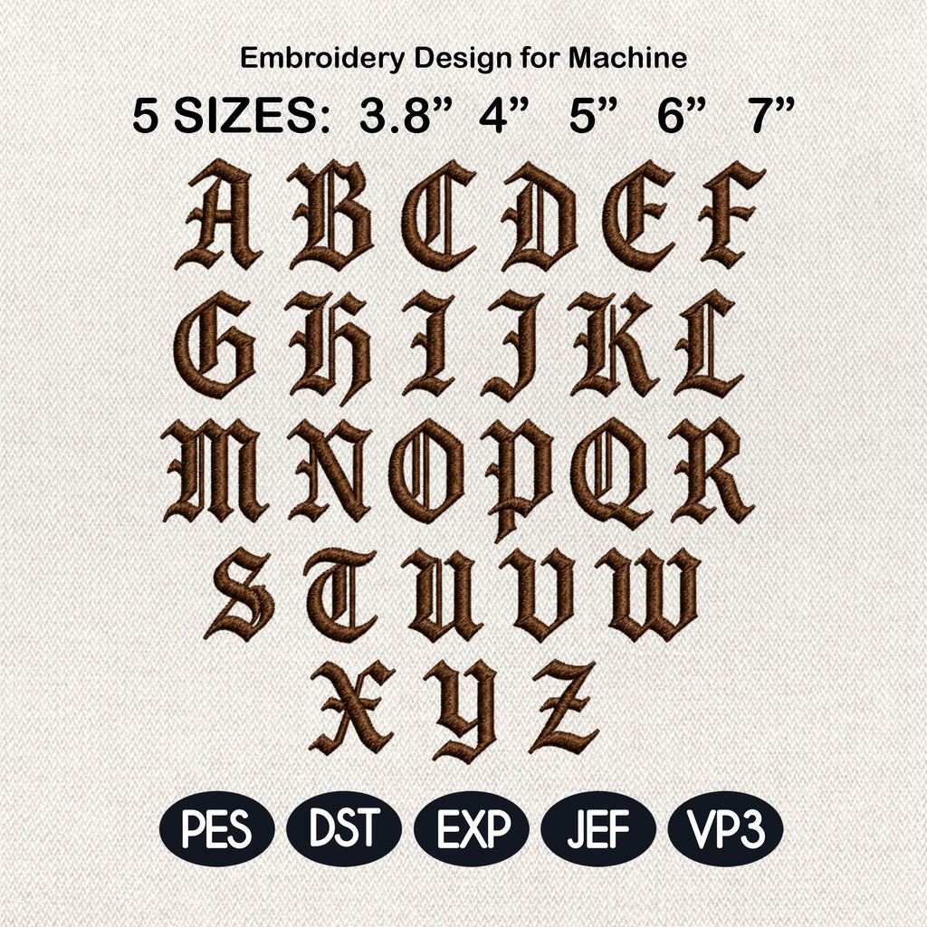 Gothic Monogram Alphabet Embroidery Design, Old English Letter Machine File, A-Z Initial Font, 5 Sizes, Digital Download