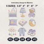 Baby Nursery Embroidery Design Bundle, Newborn Essentials Embroidery, 9 Mini Nursery Icons Pack, Baby Shower File, 5 sizes, Digital Download