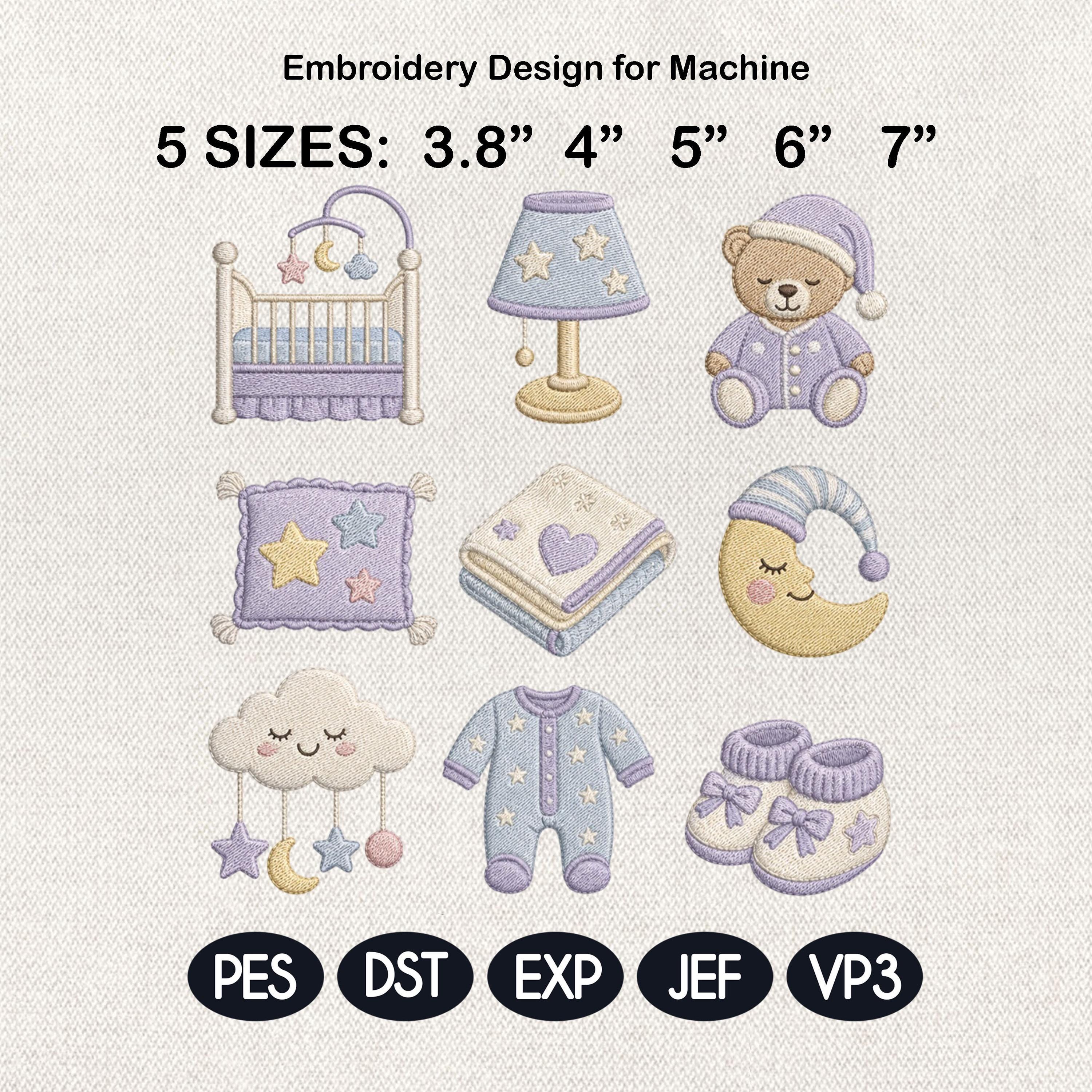 Baby Nursery Embroidery Design Bundle, Newborn Essentials Embroidery, 9 Mini Nursery Icons Pack, Baby Shower File, 5 sizes, Digital Download