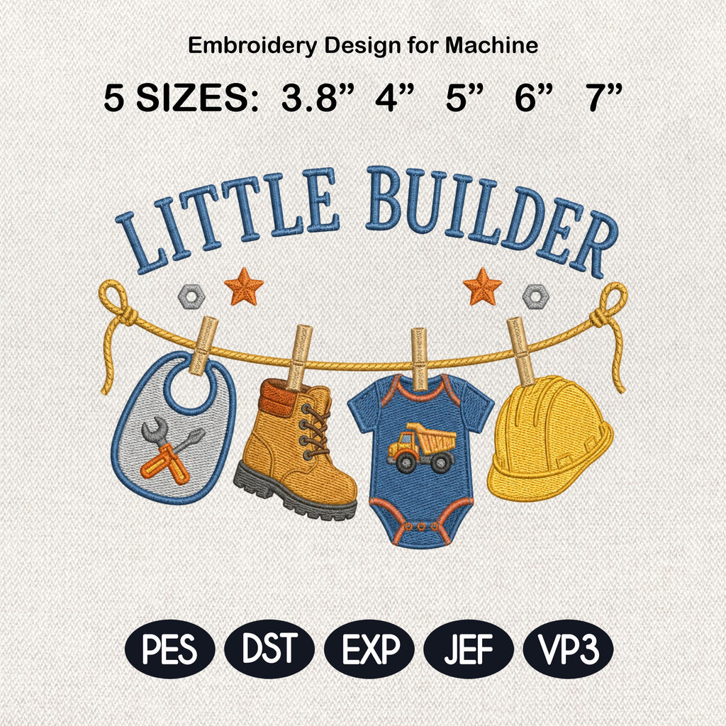 Little Builder Machine Embroidery Design, Construction Baby Clothesline Embroidery File, Builder Baby Shower, 5 sizes, Digital Download