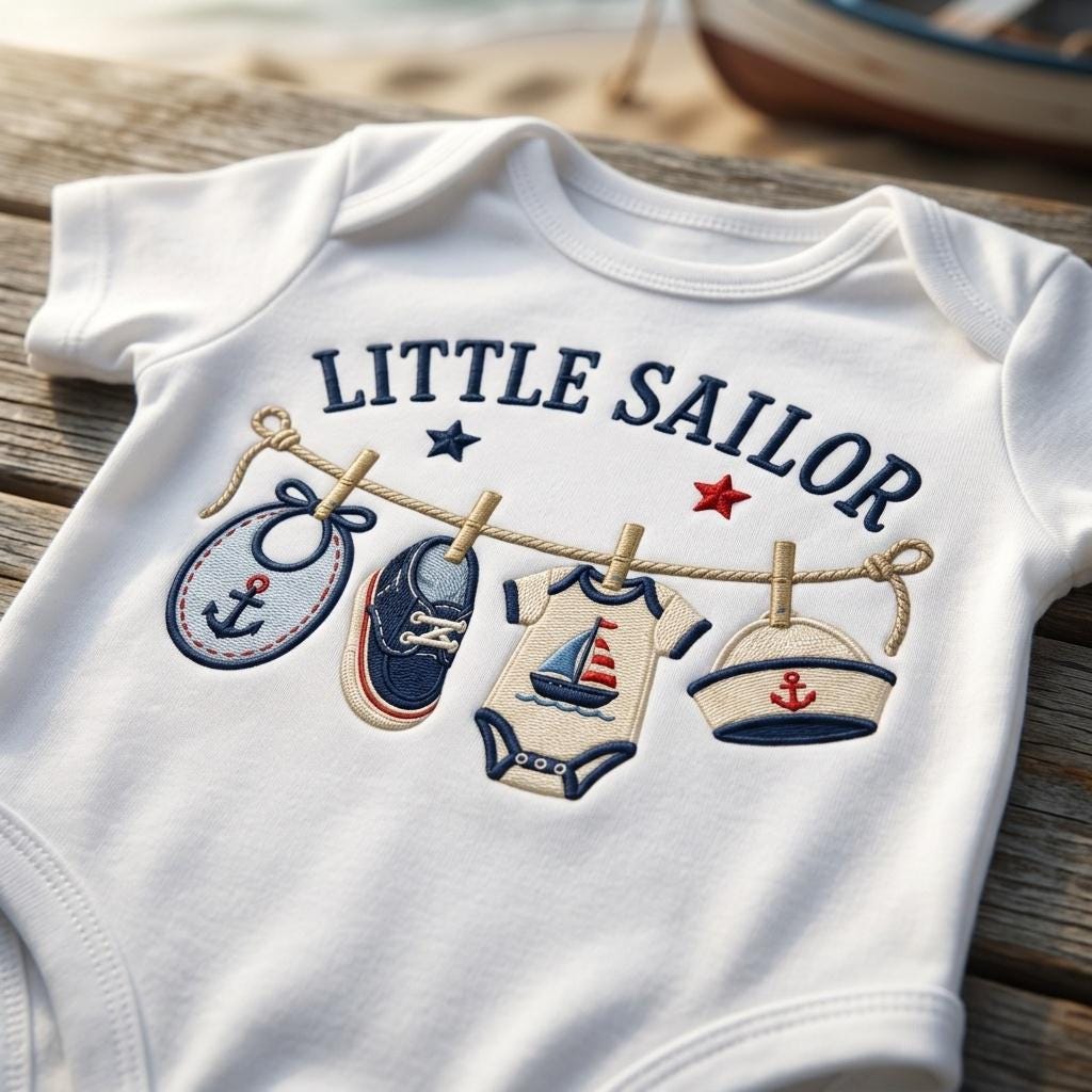Little Sailor Machine Embroidery Design, Nautical Baby Clothesline Embroidery File, Sailboat Baby Shower Design, 5 sizes, Digital Download - image 6