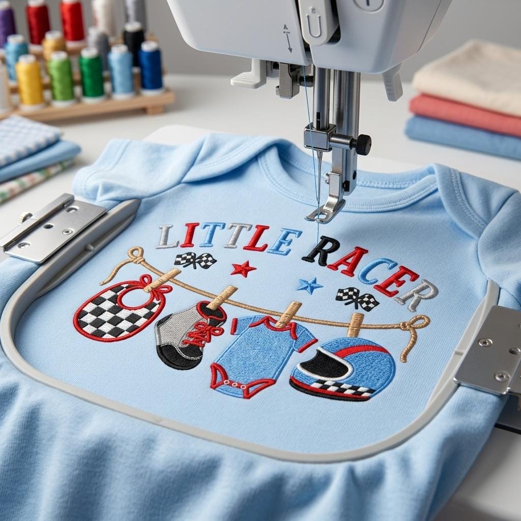 Little Racer Machine Embroidery Design, Racing Baby Clothesline Embroidery File, Race Car Baby Shower Design, 5 sizes, Digital Download - image 3