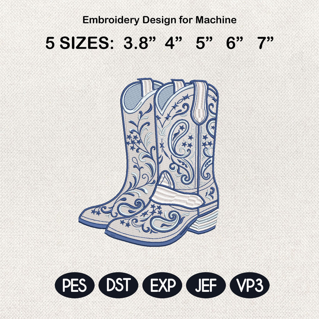 Cowboy Boots Embroidery Design, Chinoiserie Western Boots, Blue White Floral Cowgirl Boots, Vintage Western Machine Embroidery File