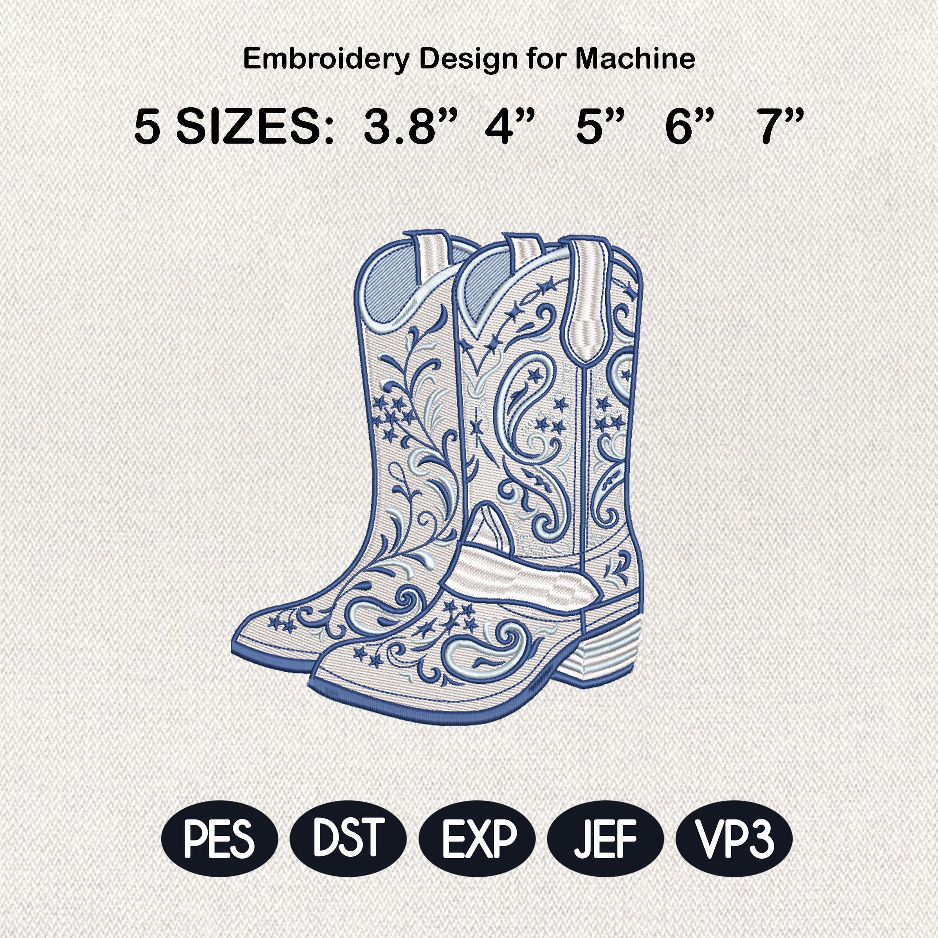 Cowboy Boots Embroidery Design, Chinoiserie Western Boots, Blue White Floral Cowgirl Boots, Vintage Western Machine Embroidery File
