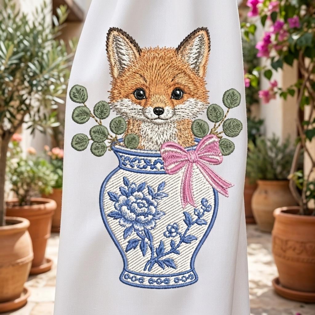 Fox Chinoiserie Vase Embroidery Design, Cute Woodland Animal Machine File, 5 Sizes, Digital Download - image 7