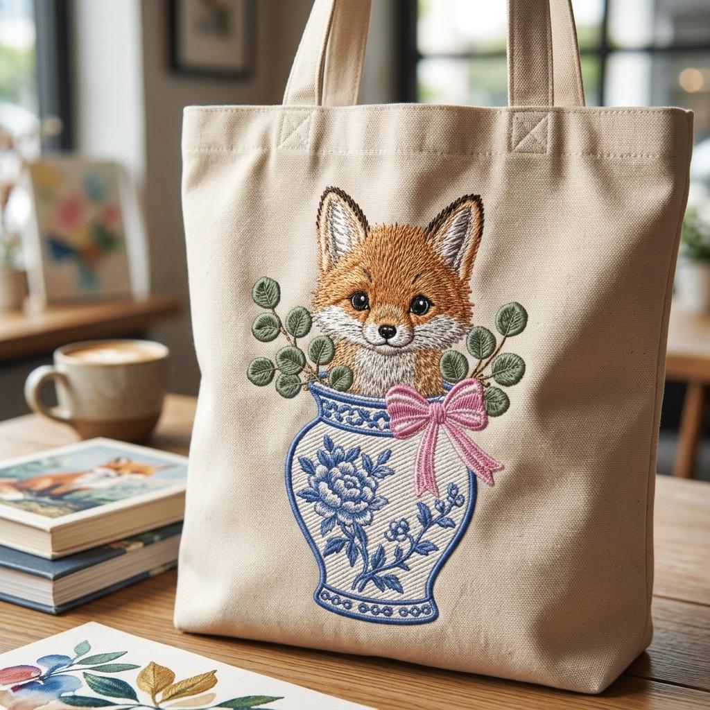 Fox Chinoiserie Vase Embroidery Design, Cute Woodland Animal Machine File, 5 Sizes, Digital Download - image 6