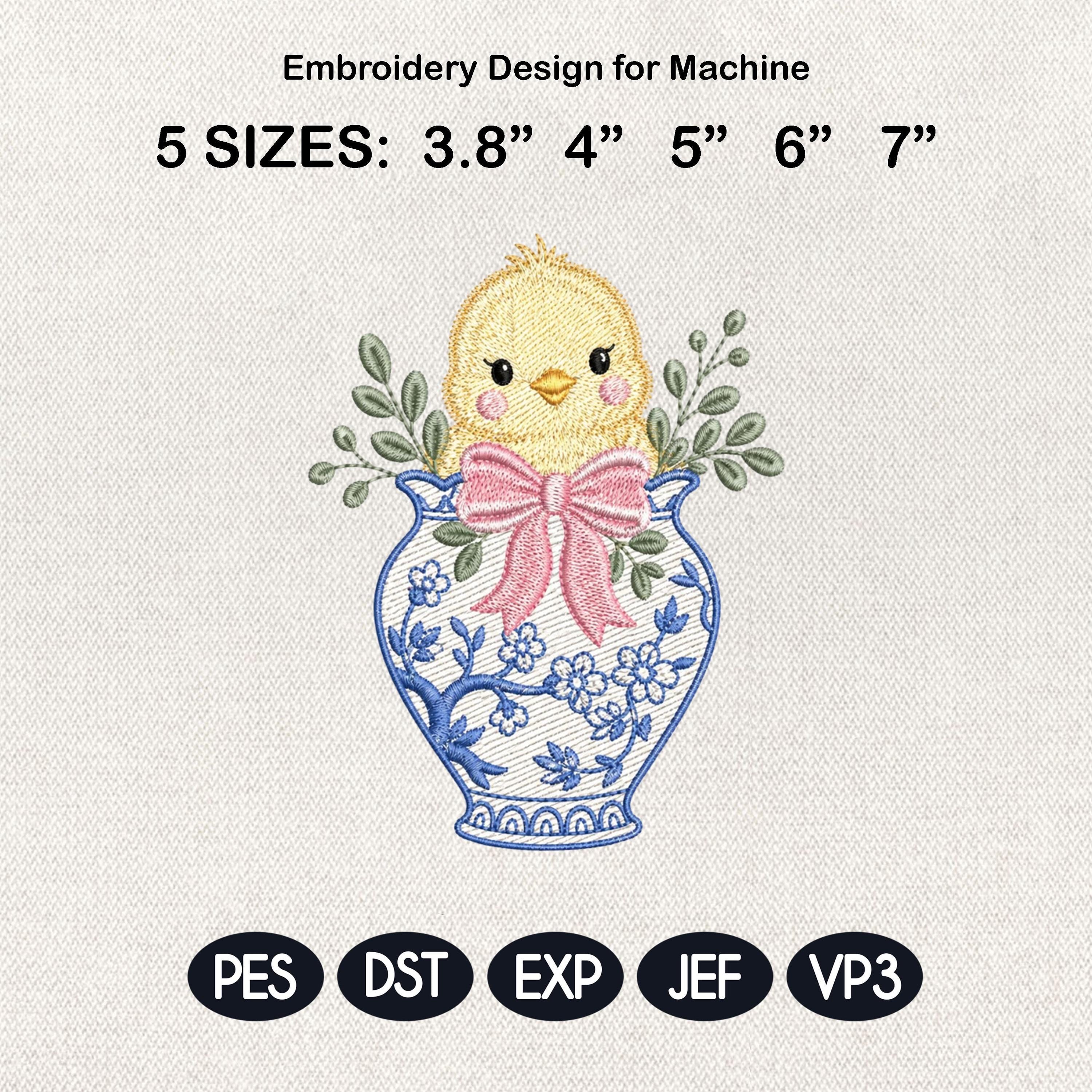 Chick Chinoiserie Vase Embroidery Design, Easter Baby Chick Machine File, 5 Sizes, Digital Download