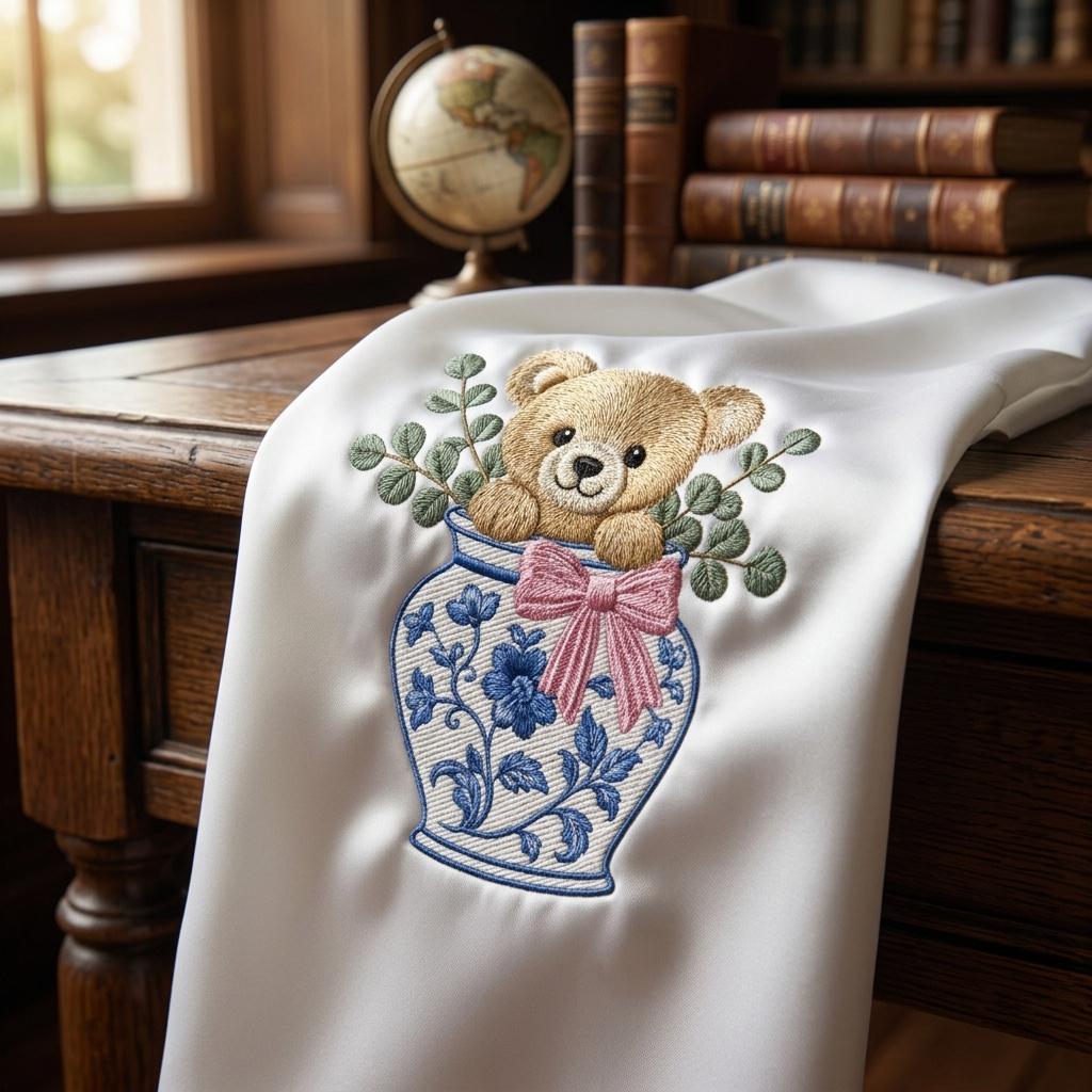 Teddy Bear Chinoiserie Vase Embroidery Design, Cute Bear Nursery Machine File, 5 Sizes, Digital Download - image 3
