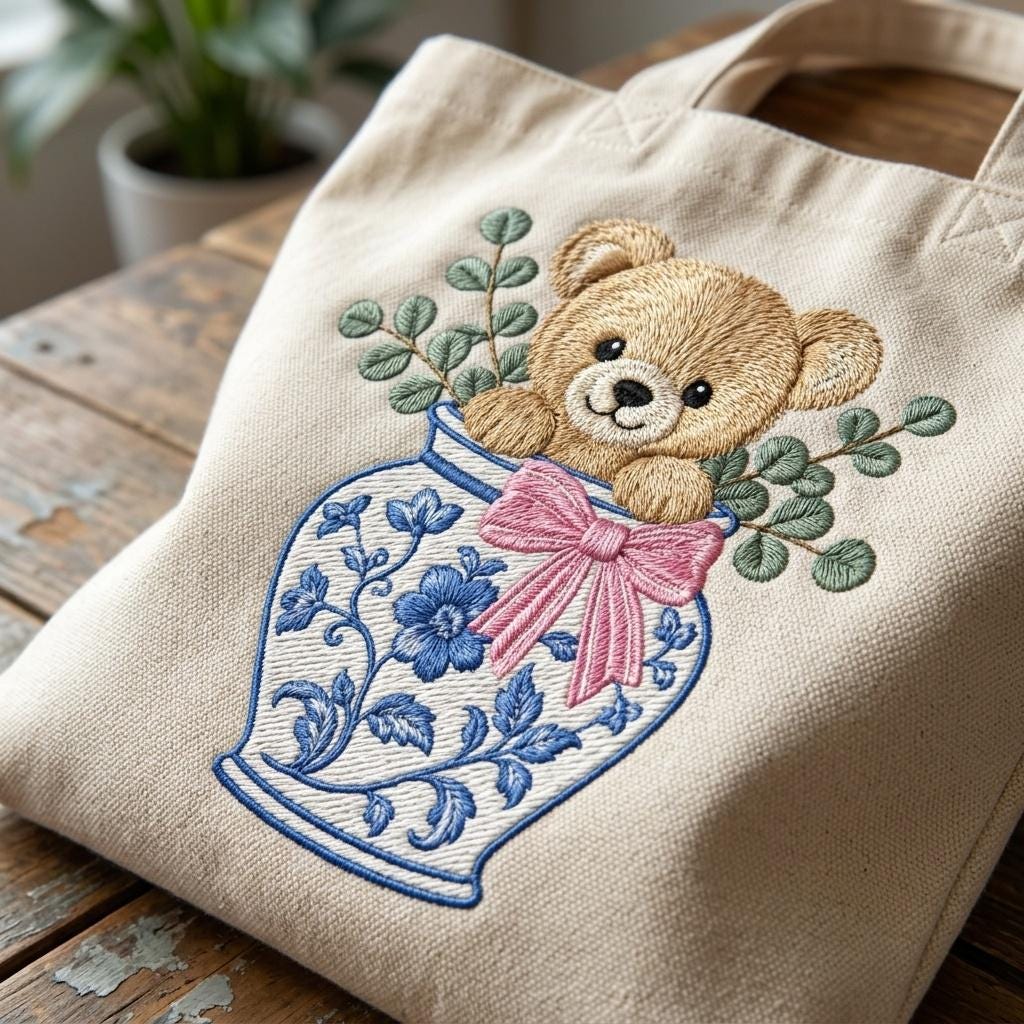 Teddy Bear Chinoiserie Vase Embroidery Design, Cute Bear Nursery Machine File, 5 Sizes, Digital Download - image 6
