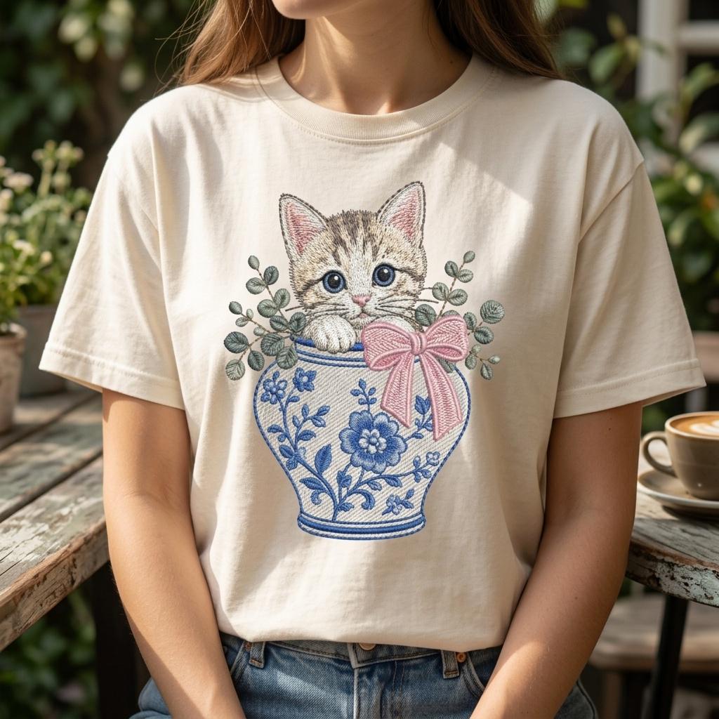 Kitten Chinoiserie Vase Embroidery Design, Cute Cat Floral Machine Embroidery File, 5 Sizes, Digital Download - image 3