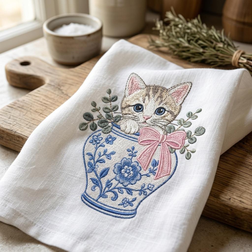 Kitten Chinoiserie Vase Embroidery Design, Cute Cat Floral Machine Embroidery File, 5 Sizes, Digital Download - image 5