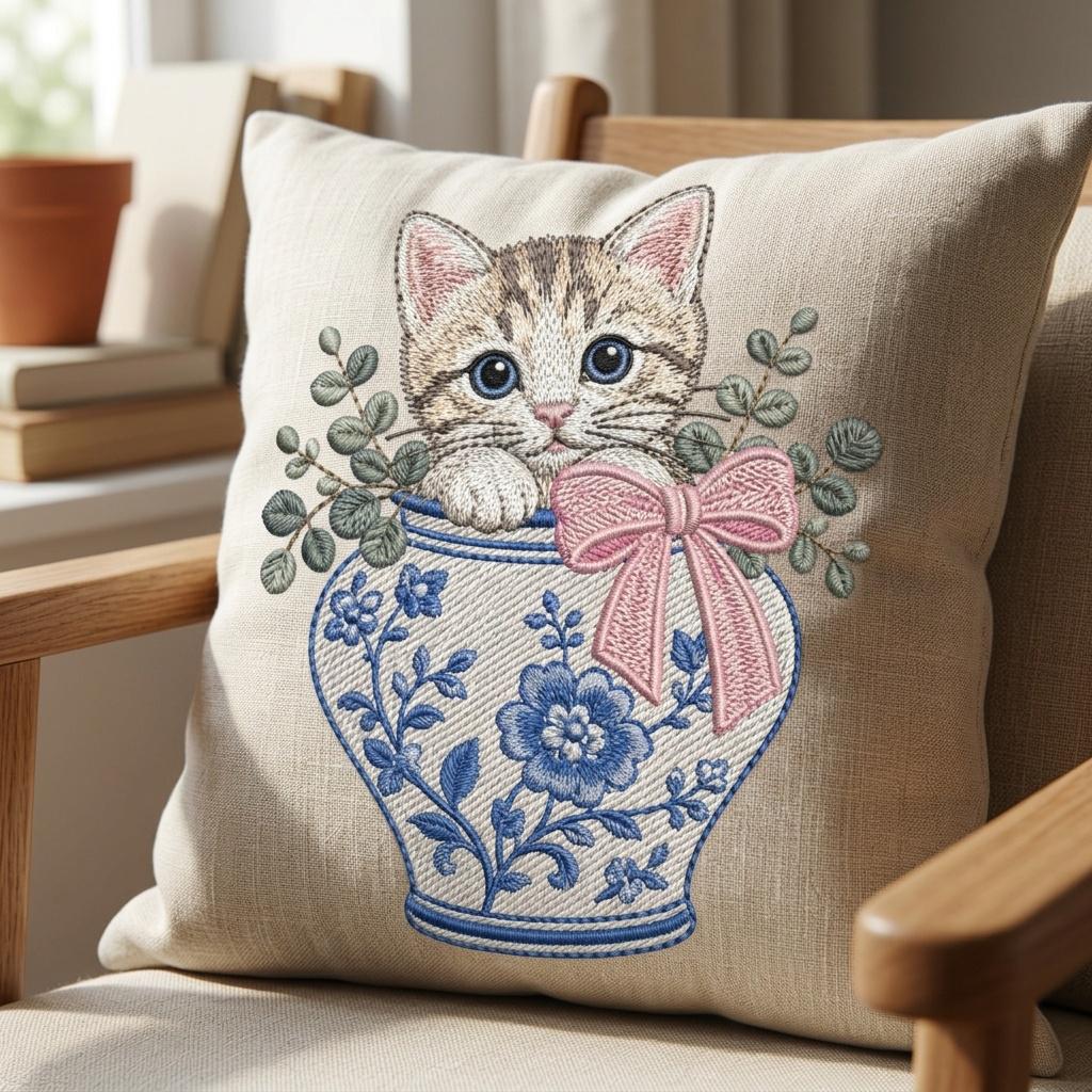 Kitten Chinoiserie Vase Embroidery Design, Cute Cat Floral Machine Embroidery File, 5 Sizes, Digital Download - image 6
