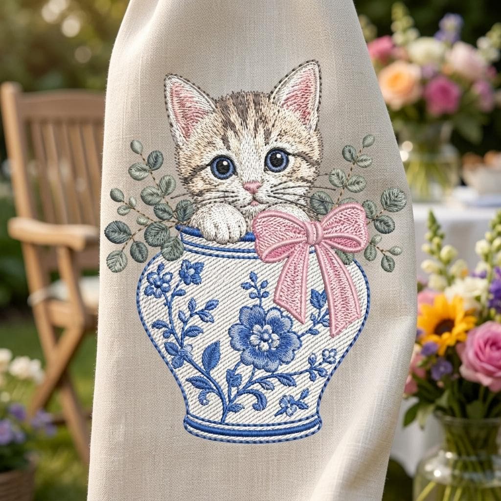 Kitten Chinoiserie Vase Embroidery Design, Cute Cat Floral Machine Embroidery File, 5 Sizes, Digital Download - image 7