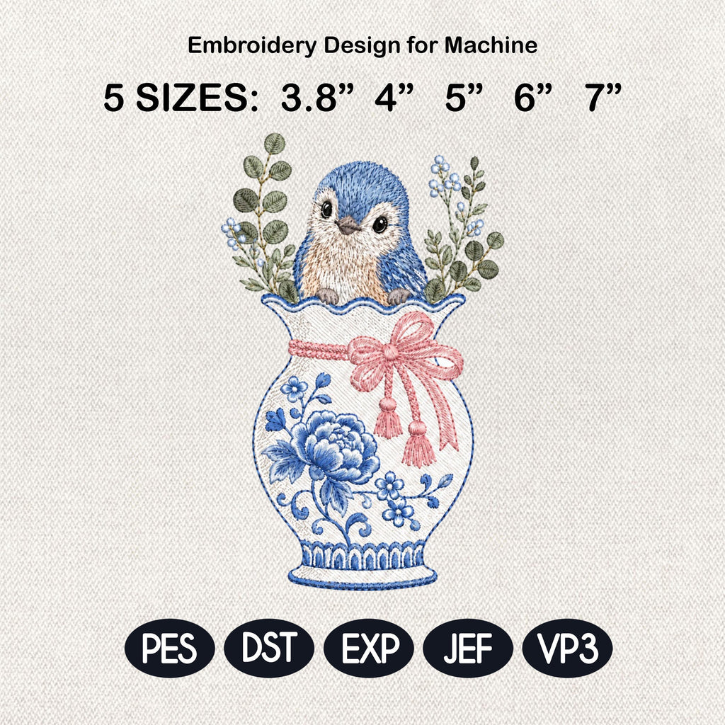 Blue Bird Chinoiserie Vase Embroidery Design, Floral Bird Machine File, 5 Sizes, Digital Download