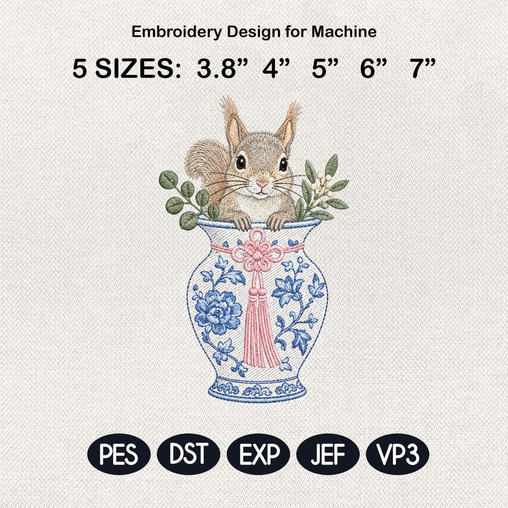 Squirrel Chinoiserie Vase Embroidery Design, Woodland Animal Machine File, 5 Sizes, Digital Download